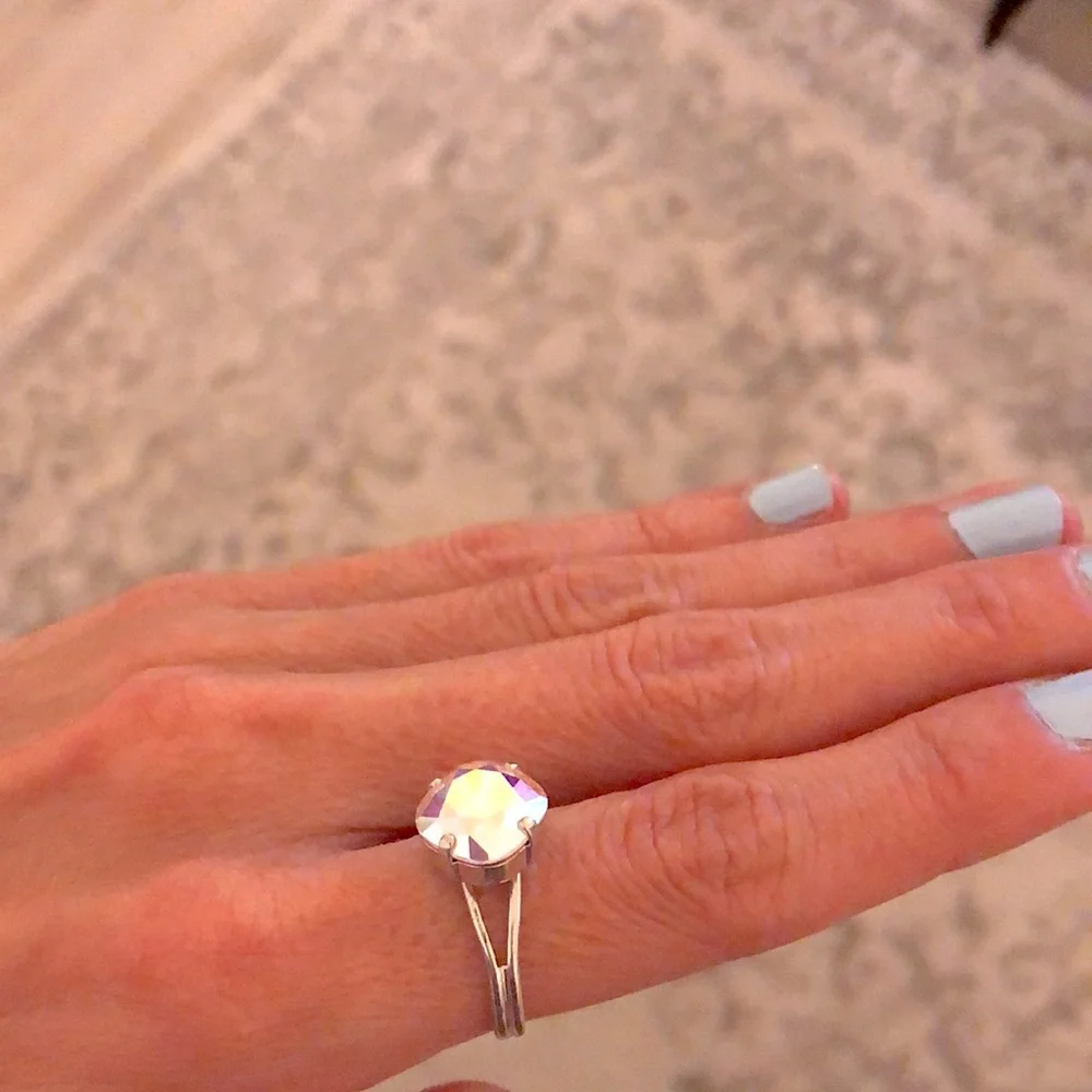 Aurora Borealis + Silver Cushion Cut Crystal Ring